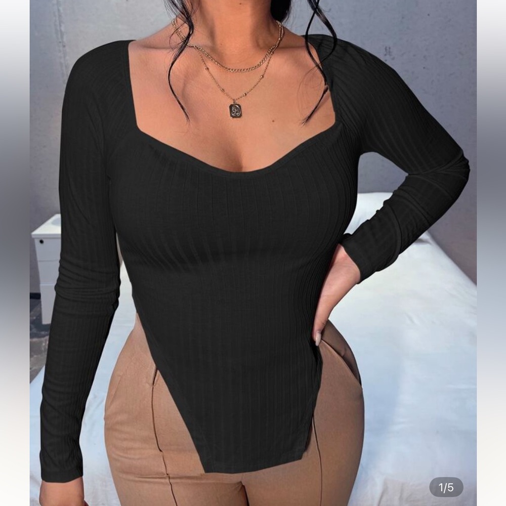 SHEIN Black Ribbed Long Sleeve Top